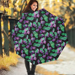 Purple And Green Leaf Pattern Print Foldable Umbrella