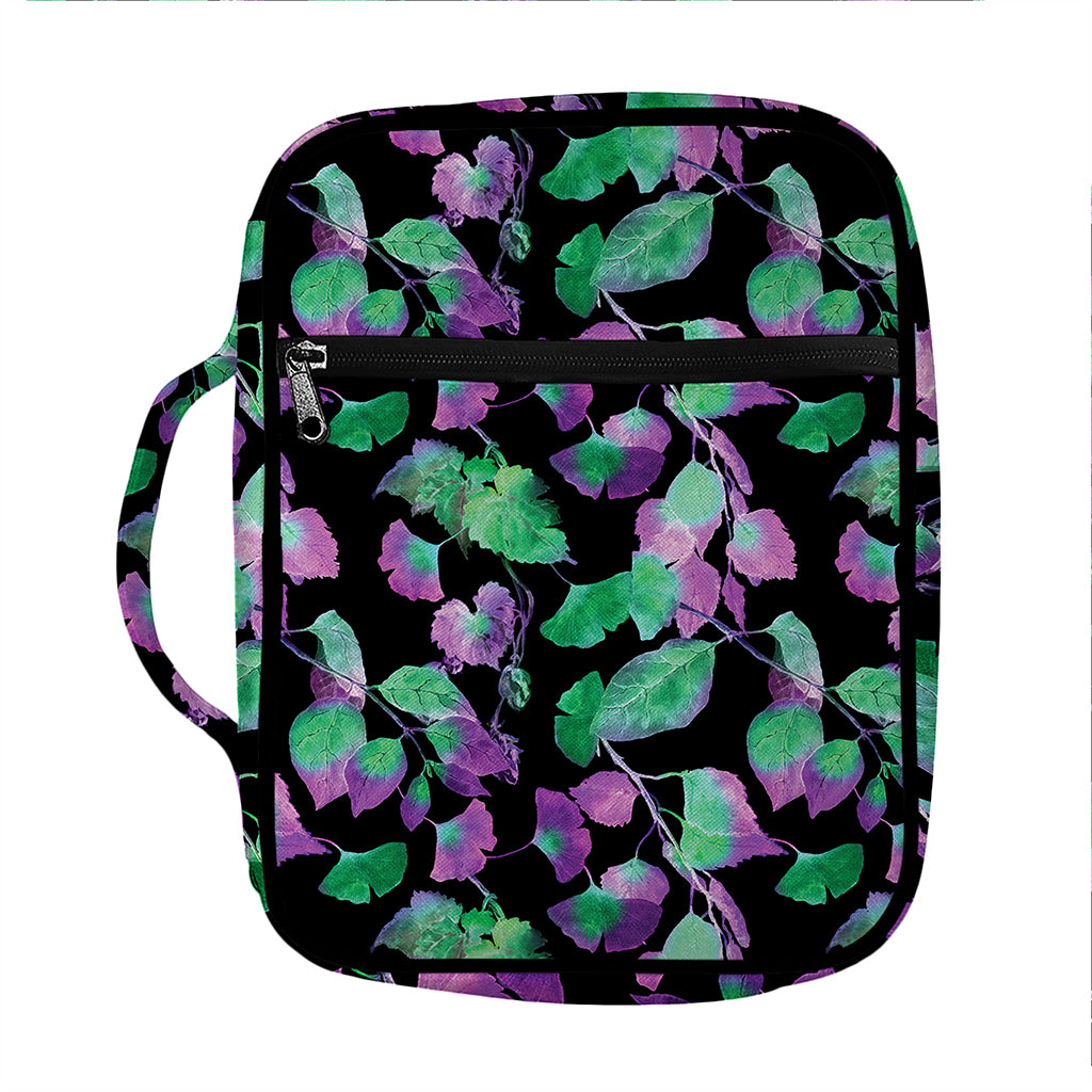 Purple And Green Leaf Pattern Print Front Pocket Bible Bag