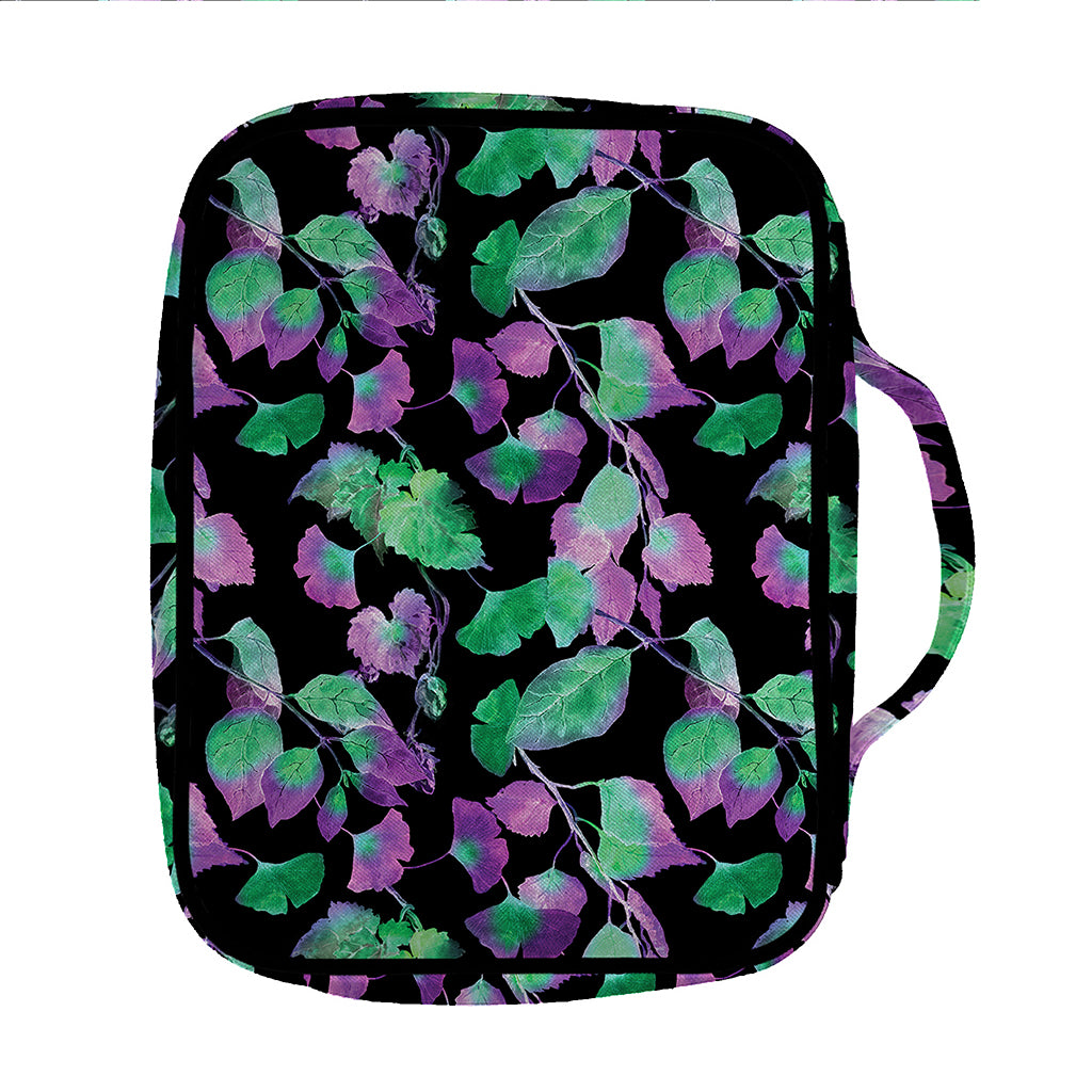 Purple And Green Leaf Pattern Print Front Pocket Bible Bag