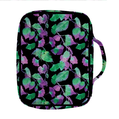 Purple And Green Leaf Pattern Print Front Pocket Bible Bag