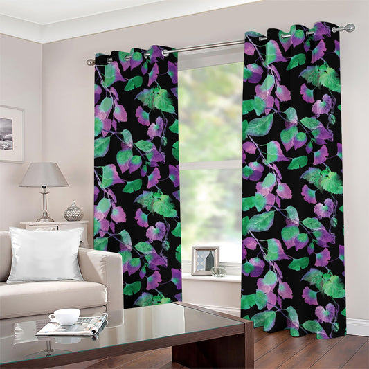Purple And Green Leaf Pattern Print Grommet Curtains