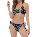 Purple And Green Leaf Pattern Print Halter Scoop Tie Side Bikini