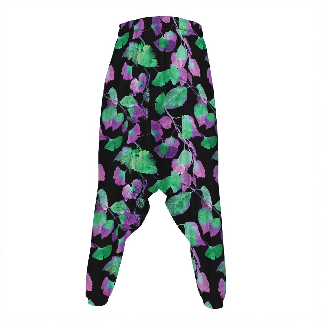 Purple And Green Leaf Pattern Print Hammer Pants