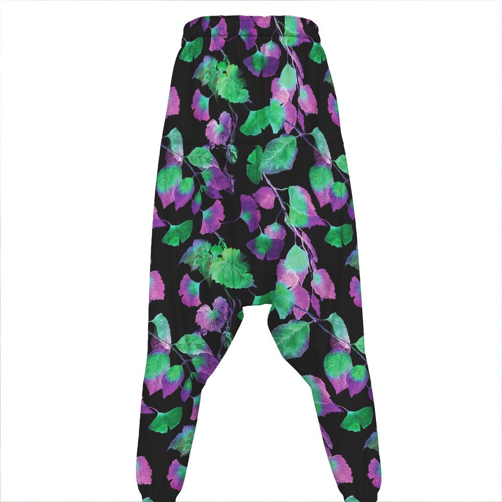 Purple And Green Leaf Pattern Print Hammer Pants