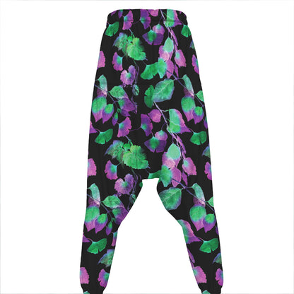 Purple And Green Leaf Pattern Print Hammer Pants