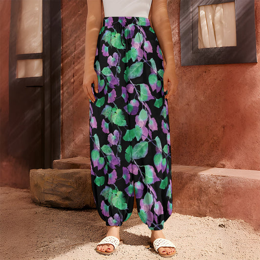 Purple And Green Leaf Pattern Print Harem Pants
