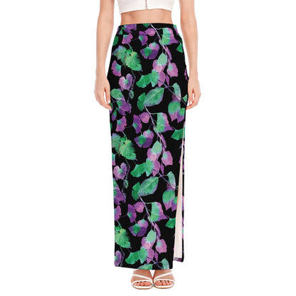 Purple And Green Leaf Pattern Print High Slit Maxi Skirt