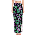 Purple And Green Leaf Pattern Print High Slit Maxi Skirt