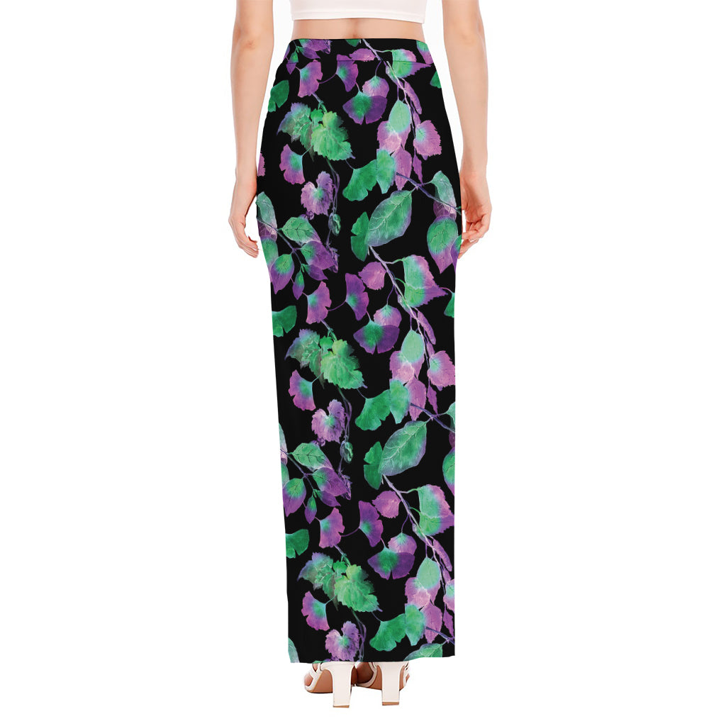 Purple And Green Leaf Pattern Print High Slit Maxi Skirt