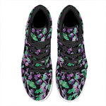 Purple And Green Leaf Pattern Print High Top Leather Sneakers