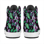 Purple And Green Leaf Pattern Print High Top Leather Sneakers