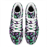 Purple And Green Leaf Pattern Print High Top Leather Sneakers