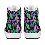 Purple And Green Leaf Pattern Print High Top Leather Sneakers