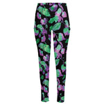 Purple And Green Leaf Pattern Print High-Waisted Pocket Leggings