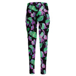 Purple And Green Leaf Pattern Print High-Waisted Pocket Leggings