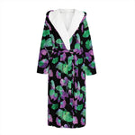 Purple And Green Leaf Pattern Print Hooded Bathrobe