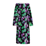 Purple And Green Leaf Pattern Print Hooded Bathrobe