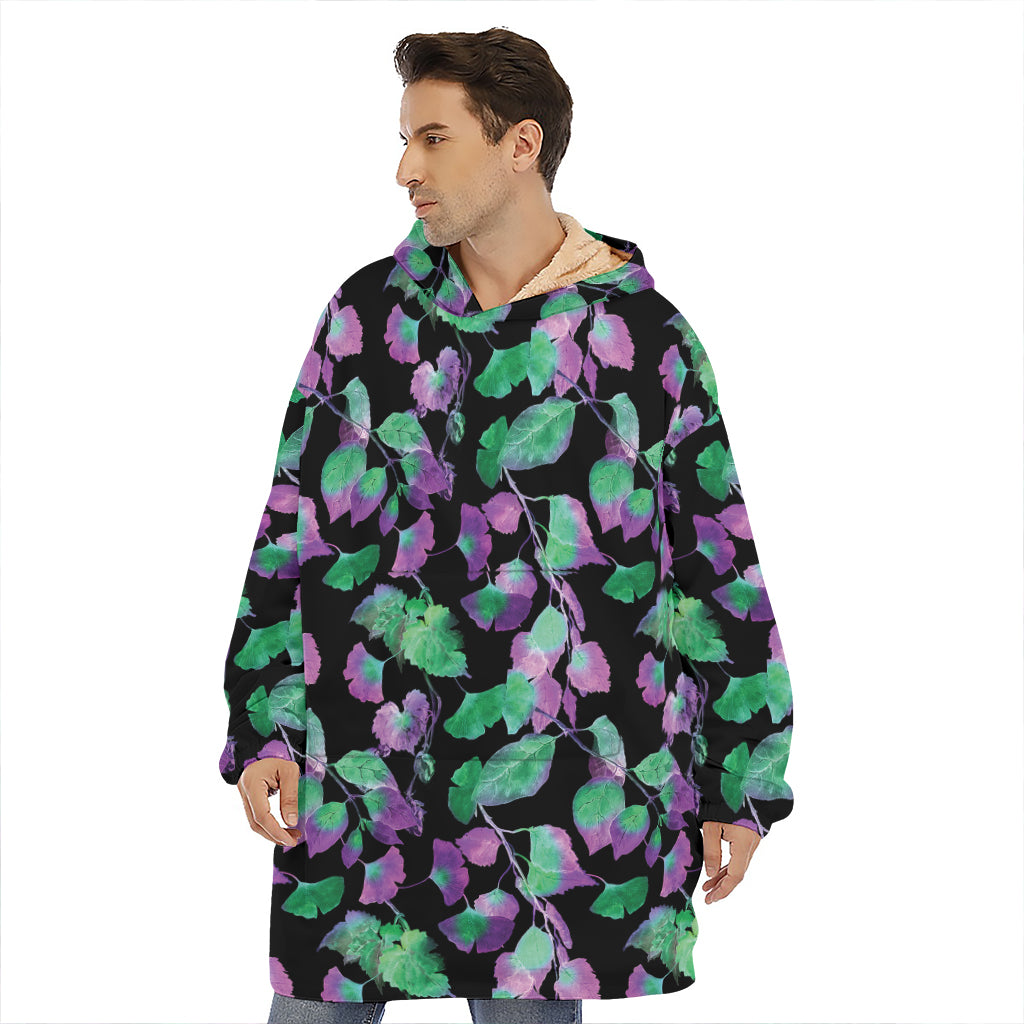 Purple And Green Leaf Pattern Print Hoodie Blanket