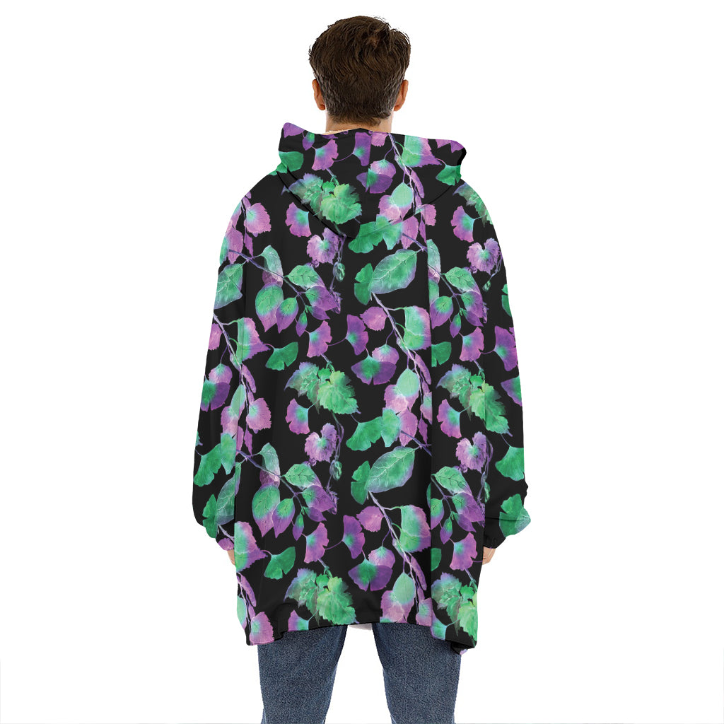 Purple And Green Leaf Pattern Print Hoodie Blanket