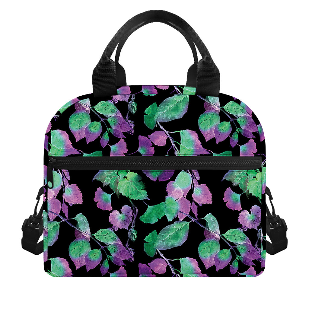 Purple And Green Leaf Pattern Print Insulated Lunch Bag