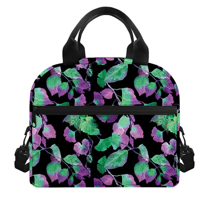 Purple And Green Leaf Pattern Print Insulated Lunch Bag