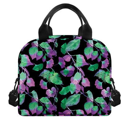 Purple And Green Leaf Pattern Print Insulated Lunch Bag