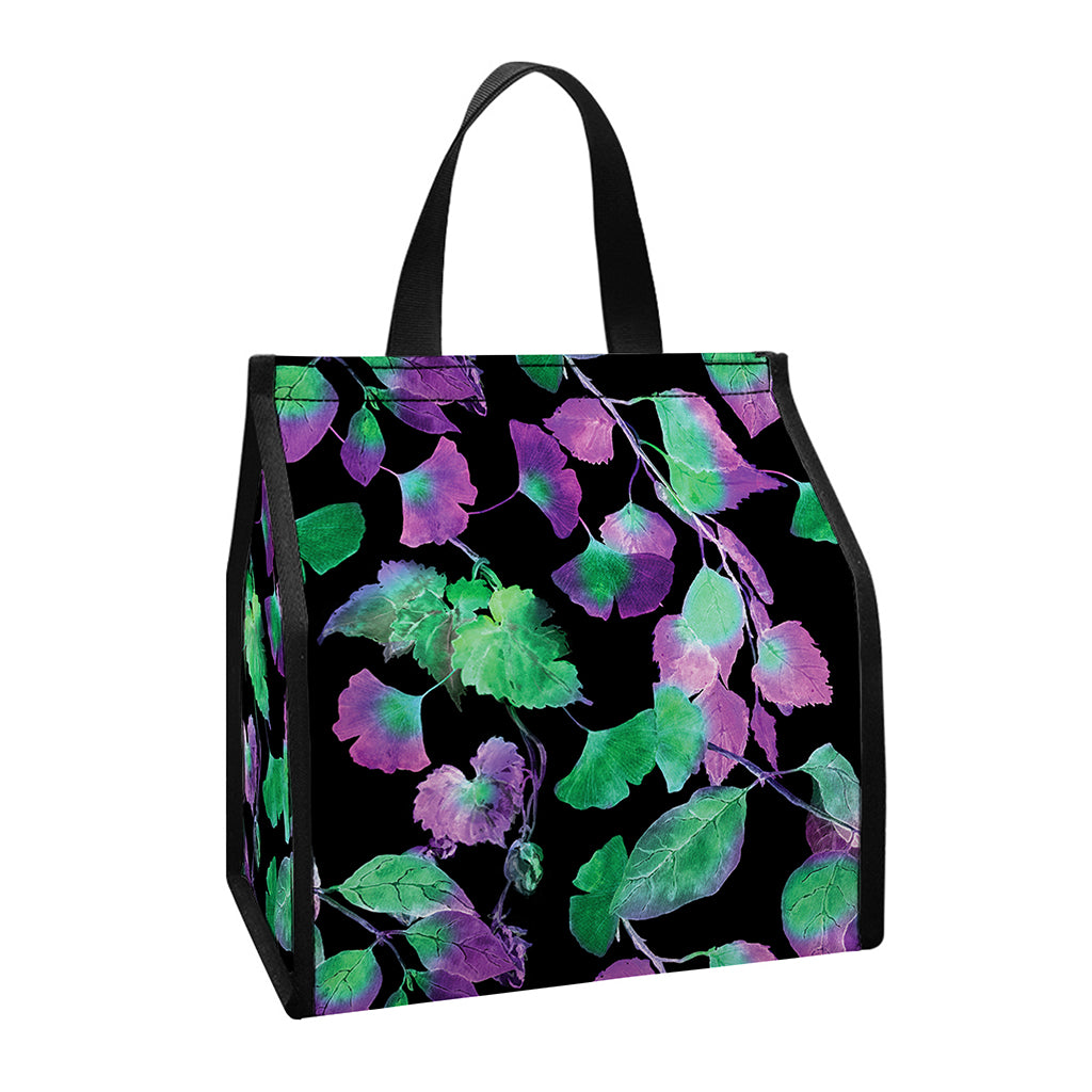 Purple And Green Leaf Pattern Print Insulated Lunch Tote