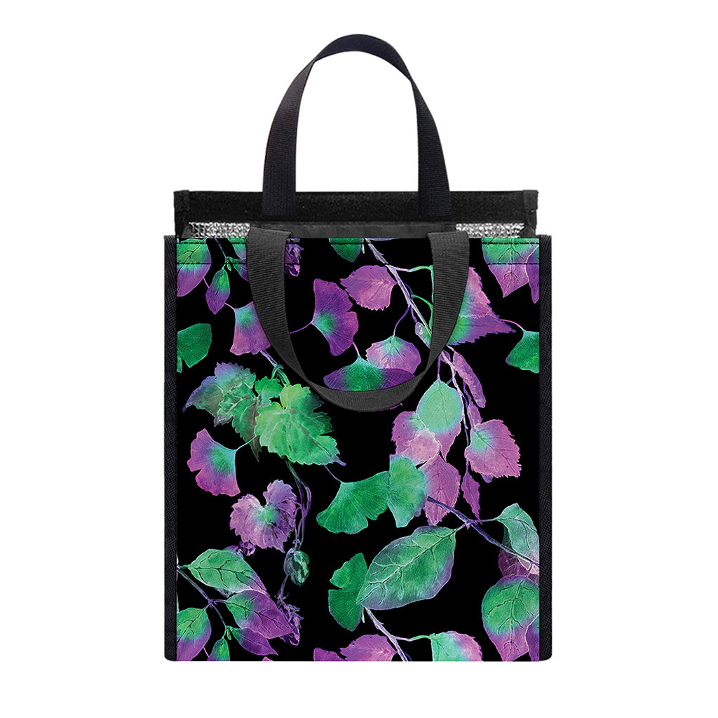Purple And Green Leaf Pattern Print Insulated Lunch Tote