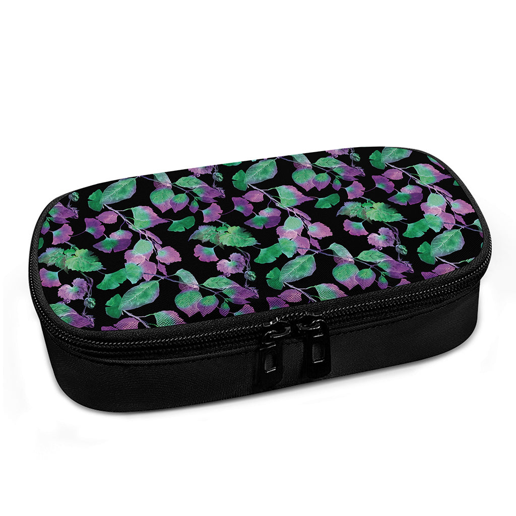 Purple And Green Leaf Pattern Print Insulin Cooler Travel Case