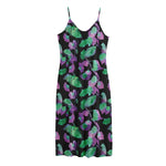 Purple And Green Leaf Pattern Print Jersey Midi Cami Dress