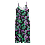 Purple And Green Leaf Pattern Print Jersey Midi Cami Dress