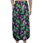 Purple And Green Leaf Pattern Print Lantern Pants