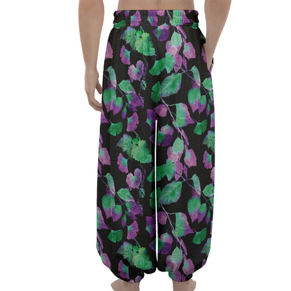 Purple And Green Leaf Pattern Print Lantern Pants