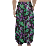 Purple And Green Leaf Pattern Print Lantern Pants