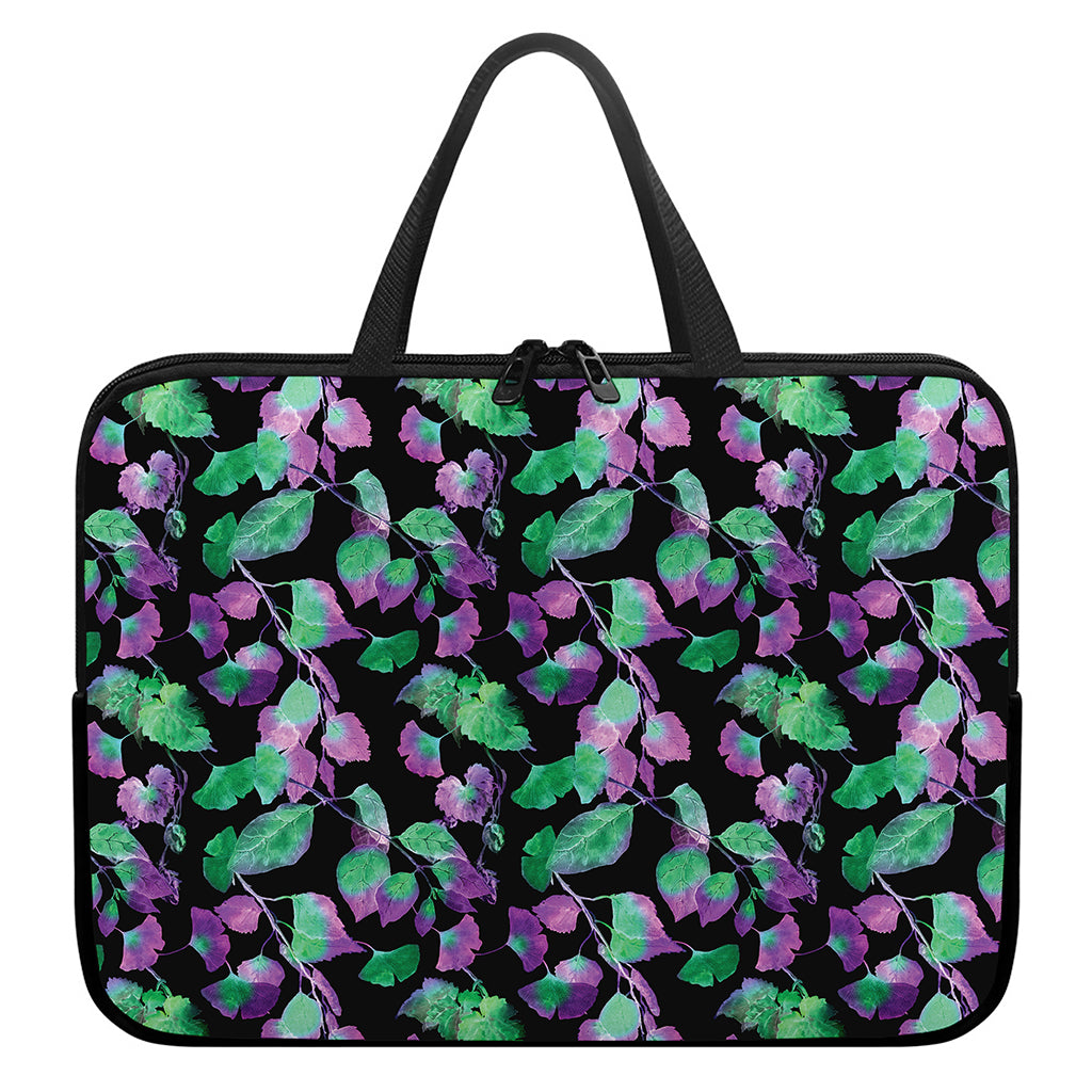 Purple And Green Leaf Pattern Print Laptop Sleeve With Handle
