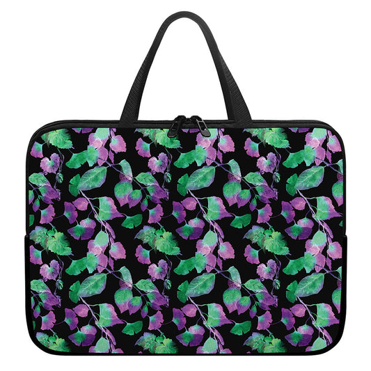 Purple And Green Leaf Pattern Print Laptop Sleeve With Handle