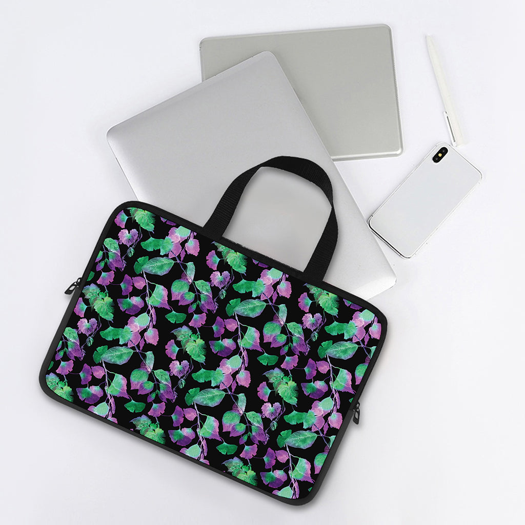 Purple And Green Leaf Pattern Print Laptop Sleeve With Handle