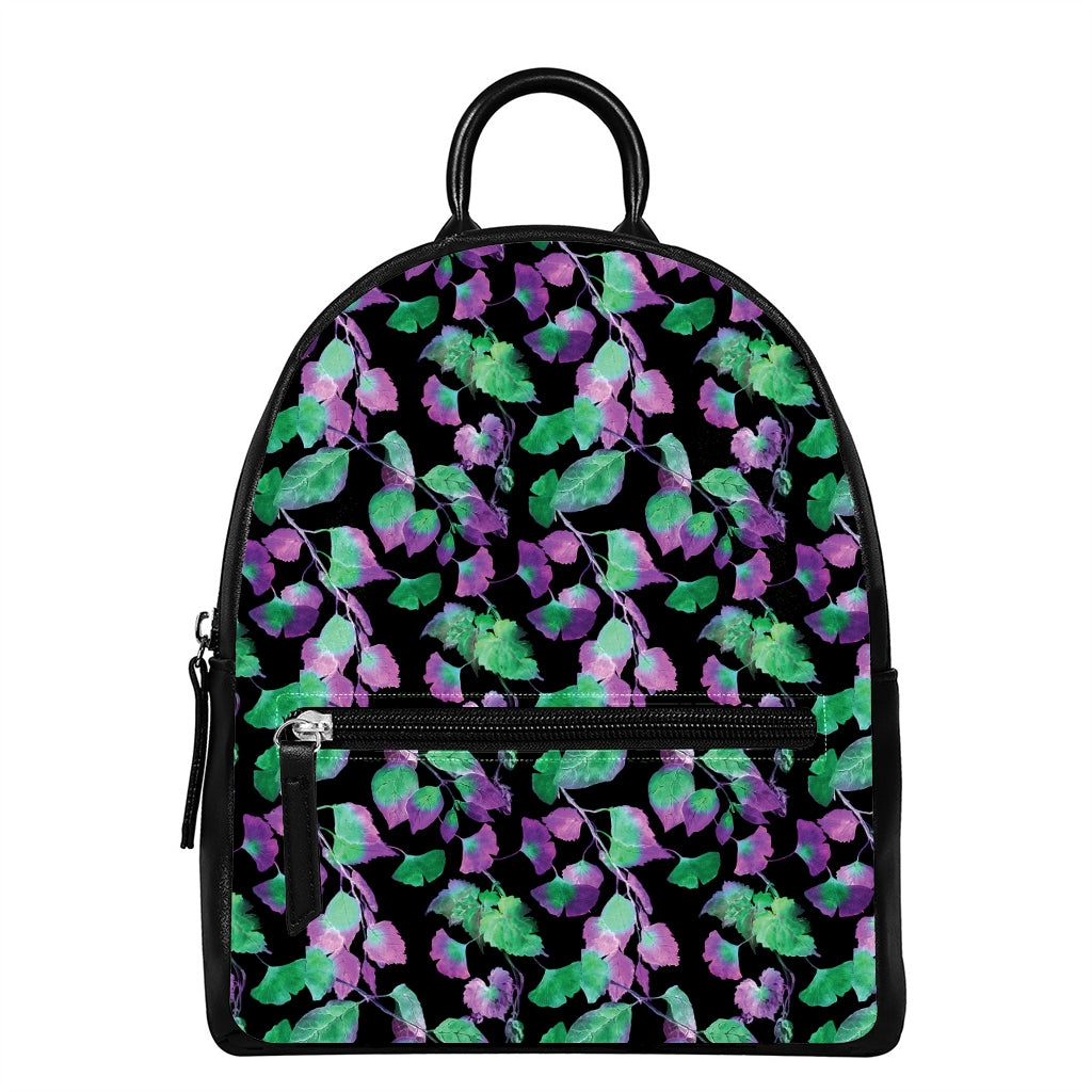 Purple And Green Leaf Pattern Print Leather Backpack