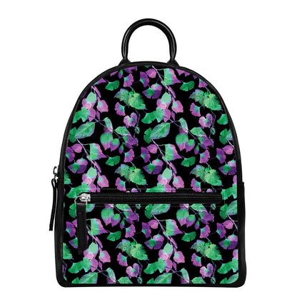Purple And Green Leaf Pattern Print Leather Backpack