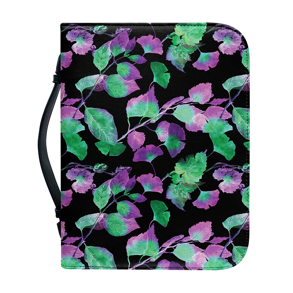 Purple And Green Leaf Pattern Print Leather Bible Cover