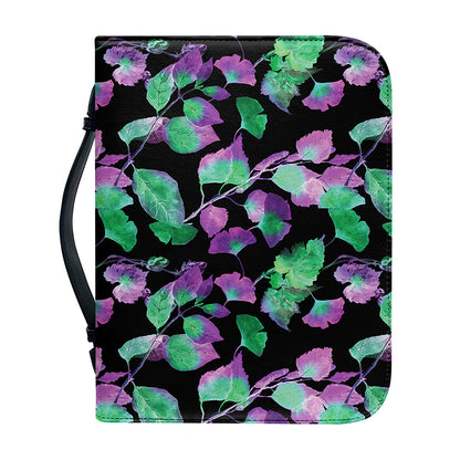 Purple And Green Leaf Pattern Print Leather Bible Cover