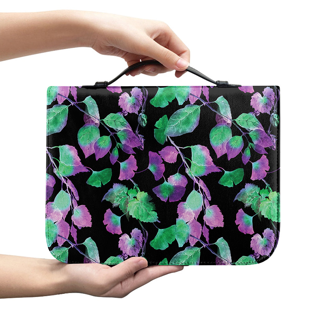 Purple And Green Leaf Pattern Print Leather Bible Cover