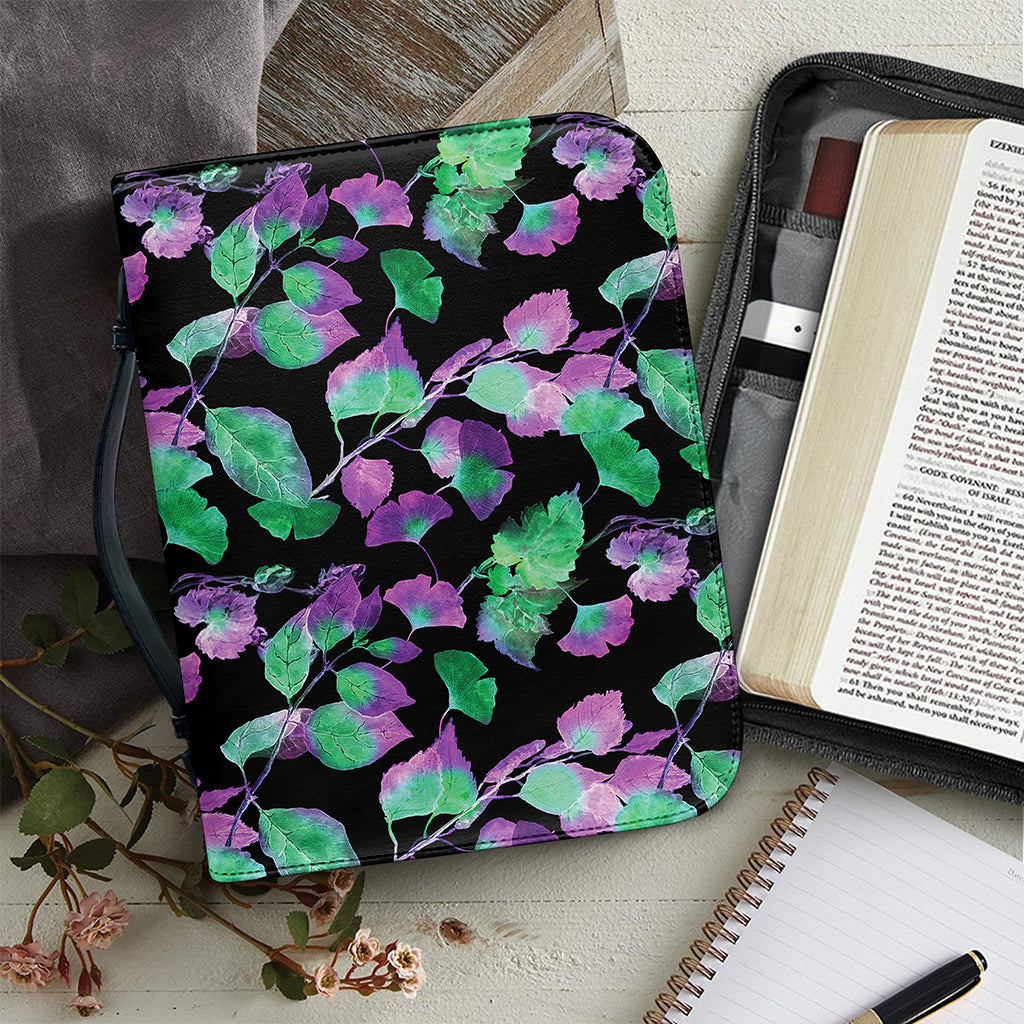 Purple And Green Leaf Pattern Print Leather Bible Cover