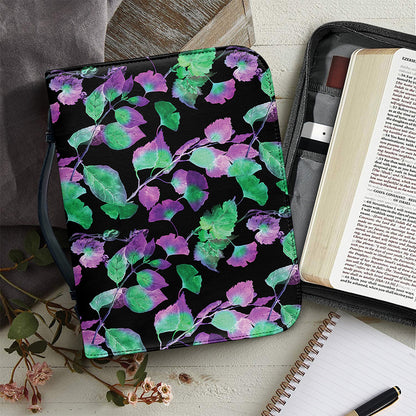 Purple And Green Leaf Pattern Print Leather Bible Cover