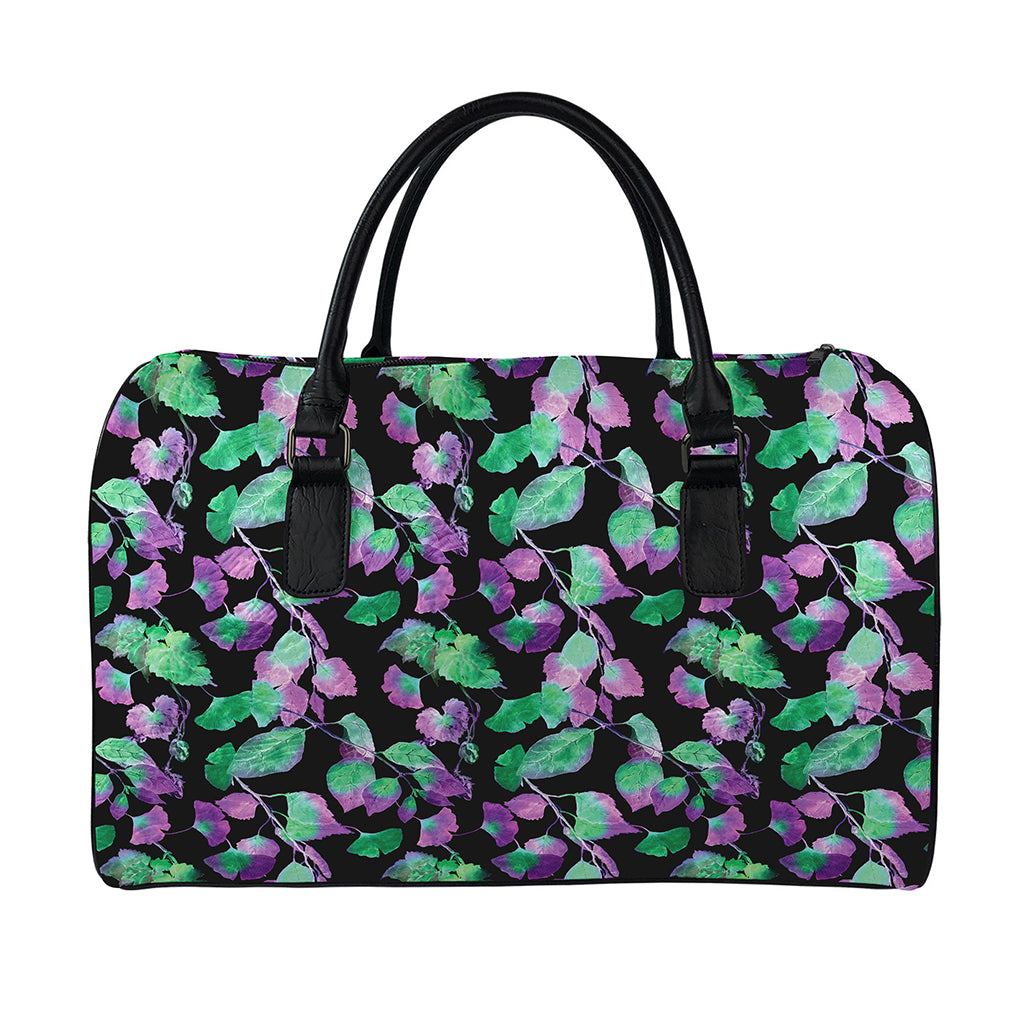 Purple And Green Leaf Pattern Print Leather Duffle Bag
