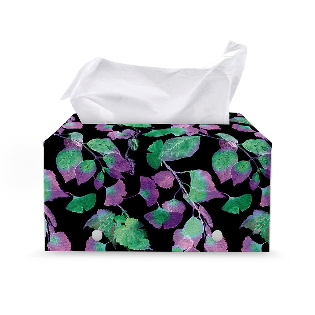 Purple And Green Leaf Pattern Print Leather Tissue Box Cover