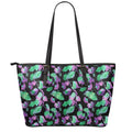Purple And Green Leaf Pattern Print Leather Tote Bag With Zipper