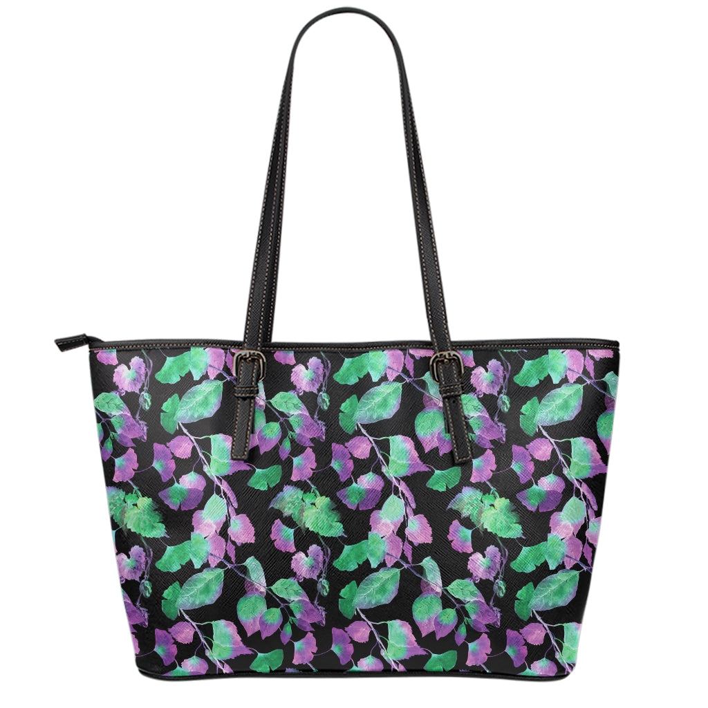 Purple And Green Leaf Pattern Print Leather Tote Bag