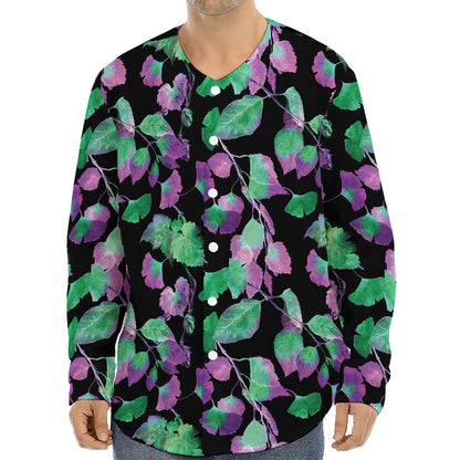Purple And Green Leaf Pattern Print Long Sleeve Baseball Jersey