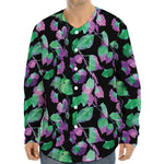 Purple And Green Leaf Pattern Print Long Sleeve Baseball Jersey